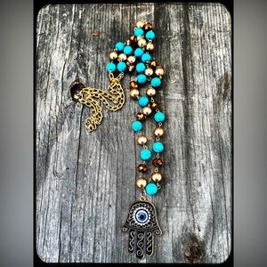 Long Turquoise, Gold pearl Hamsa Necklace.
